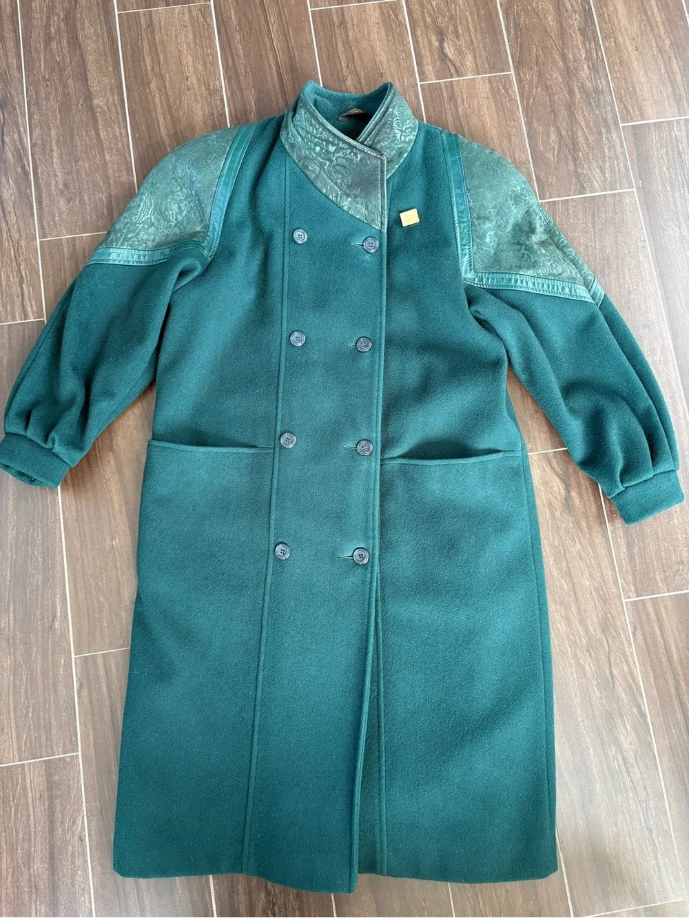 Vintage 80s Luba Paris 100% Wool Leather Trim Emerald Green Long Coat M/L - Picture 3 of 8